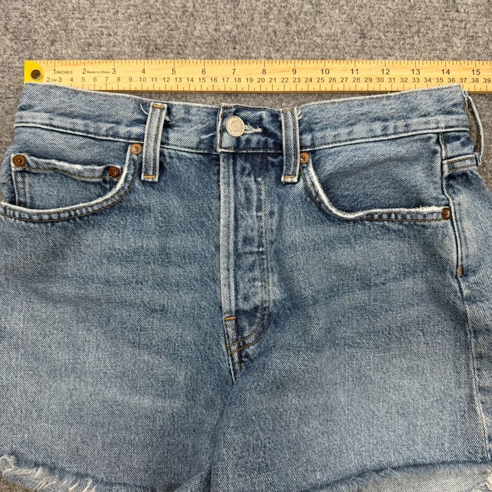 AGOLDE Parker Long High Rise Denim Shorts 26 Blue Frayed Hem